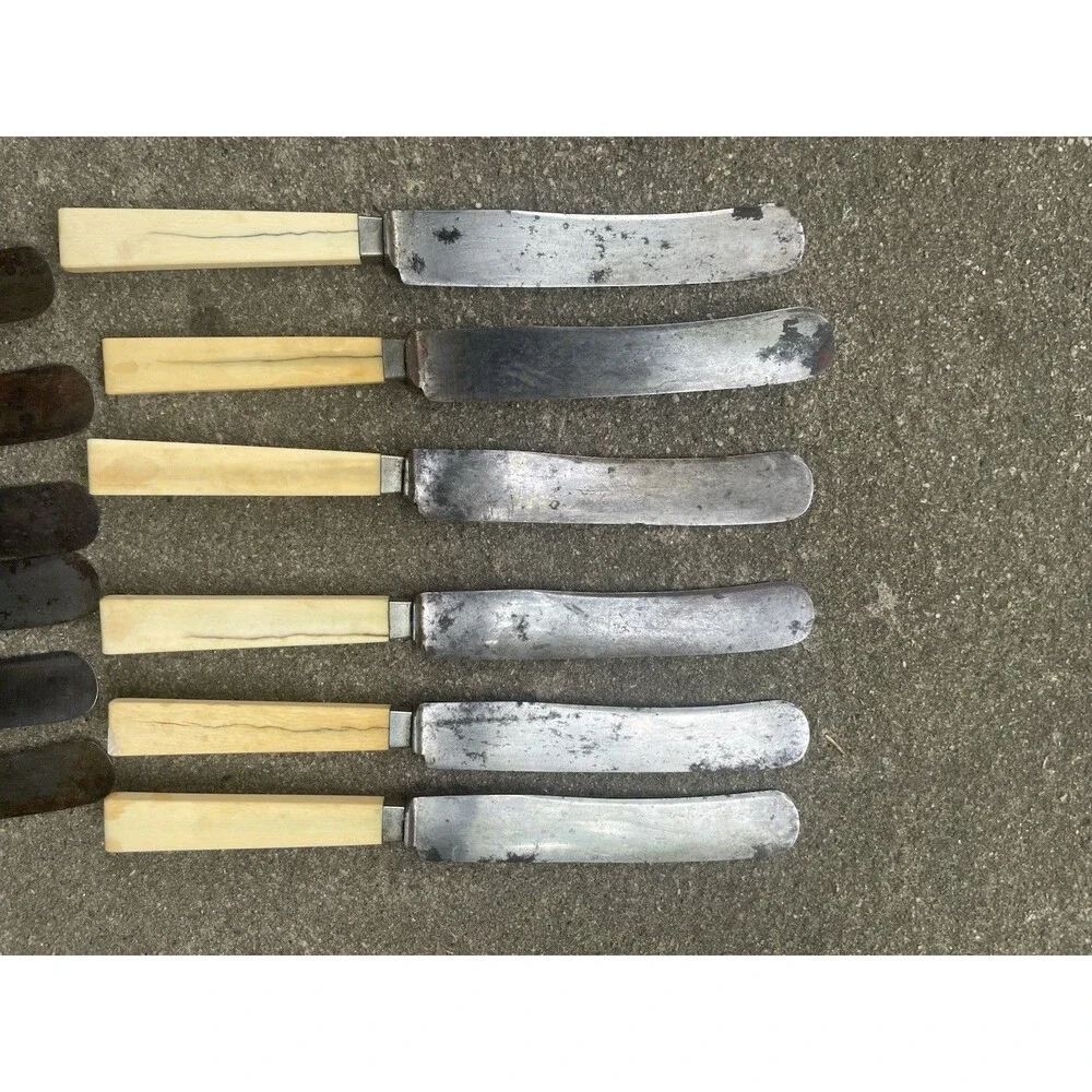 12 Antique Eugen Hahn Ludwigsburg German Dinner Knives Carbon Steel Bone Handle